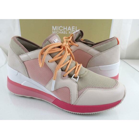 Michael Kors Liv Trainer Wedge Sneakers Lace Up Beige Light Sand / Pink - Picture 4 of 7